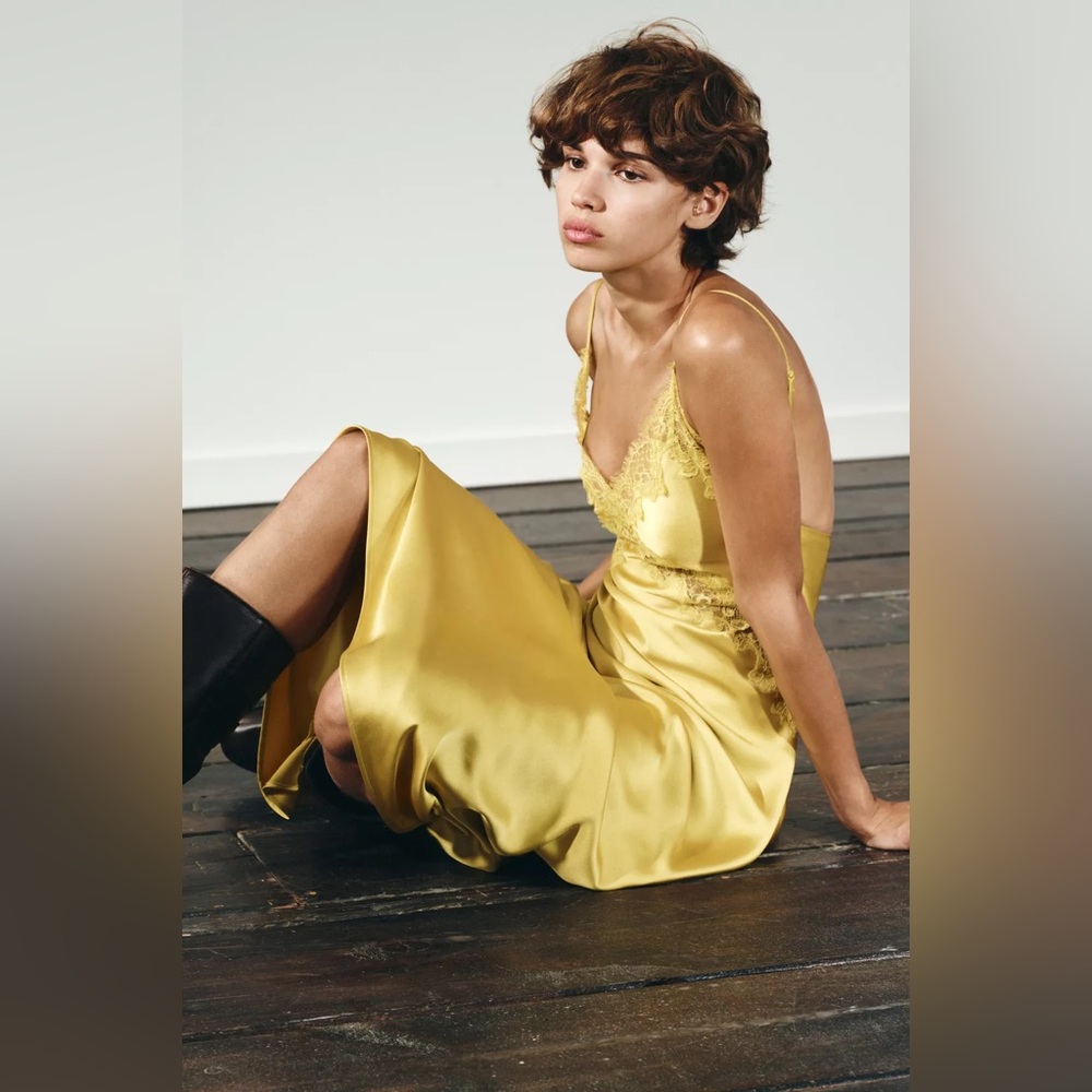 Zara Lace-Trim Slip Satin Maxi Dress in Mustard Chartreuse Yellow - Picture 11 of 15
